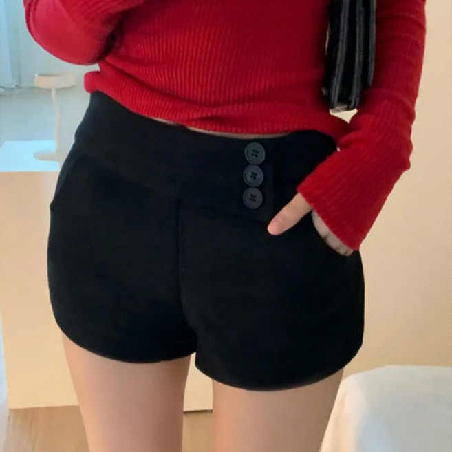간절기 모직 3부 반바지 하이웨스트 단추 핫팬츠 슬림핏 날씬해 보이는 캐주얼 스트레이트 부츠컷 팬츠