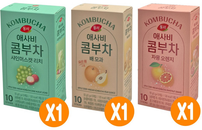 동서 애사비 콤부차 10T 3종 (배모과+샤인머스캣+자몽오렌지), 3개, 10개입, 50g