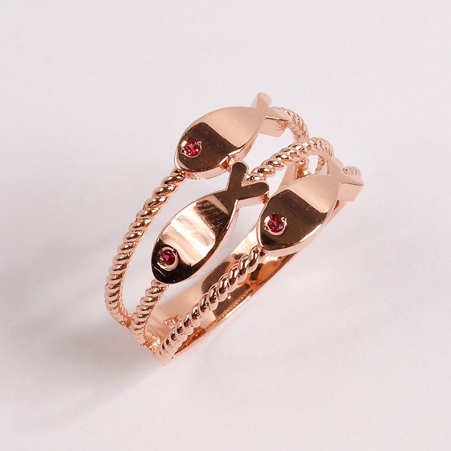 18K 물고기 세마리 3줄 반지 링 루비 큐빅 행운 모녀 엄마 자녀 자식