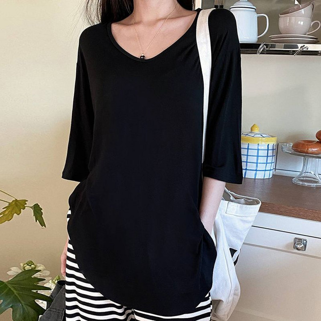 유야 레이온 스판 무지 브이넥 언발 반팔 롱 티셔츠 기본티 이너티 -TS0179H- 빅사이즈 루즈핏 여성 봄 여름