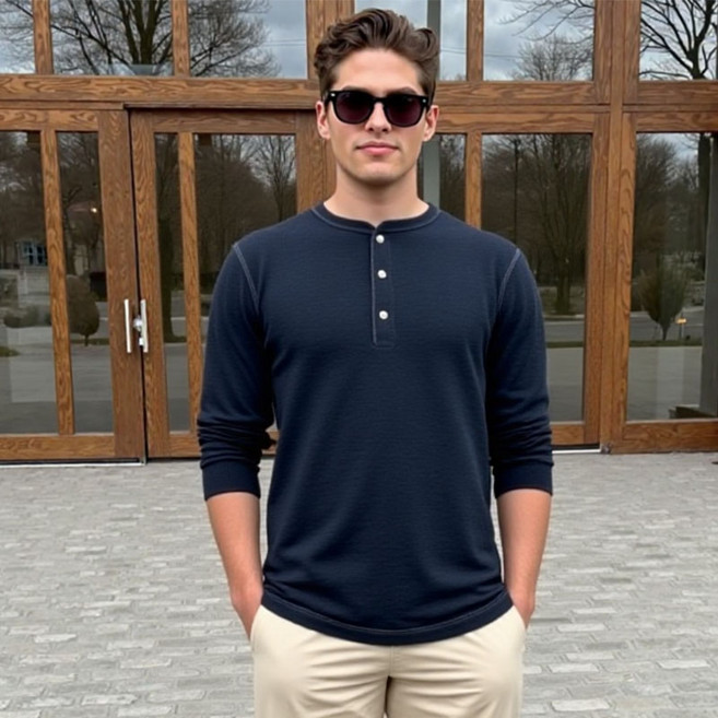 [펜타온] 와플조직 3버튼 스탠다드 아미핏 긴팔 라운드 티셔츠