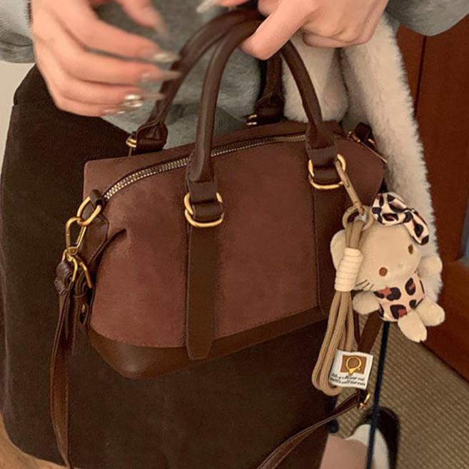 B&C.Room 빈티지 스웨이드 가방 볼링백 멀티 기능 여성 크로스백 여성 핸드백 여성 가방 여성 가방 크로스백 출타가방 여행가방 무지 가방