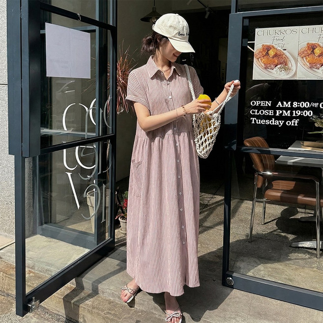 데일리앤 어반 루즈핏 캡소매 스트라이프 지지미 반팔 롱 셔츠 원피스 여름 휴양지 빅사이즈