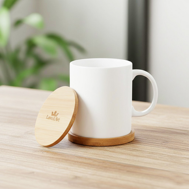 뚜껑머그컵 따뜻한 카페감성 예쁜커피잔 홈카페소품 먼지방지 우드뚜껑 도자기물컵 심플한 디자인, 1개, 화이트