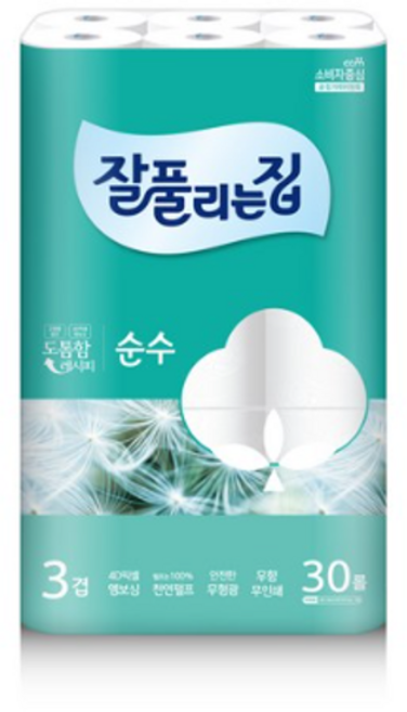 잘풀리는집 3겹 깨끗한 순수 화장지 28m, 30롤, 11팩