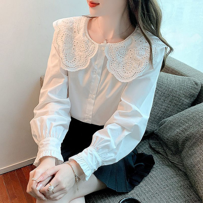 Makone 여성 빅카라 펀칭 엘리강스 패션 프렌치 빈티지 상큼 데일리 블라우스 소매 플리츠