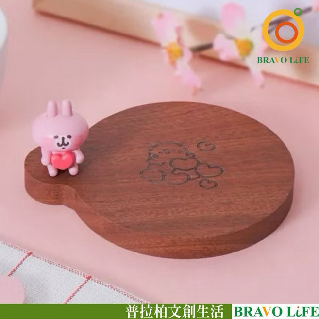 卡娜赫拉的小動物 杯墊 P助與粉紅兔兔愛心 木杯墊, 1個, 木色