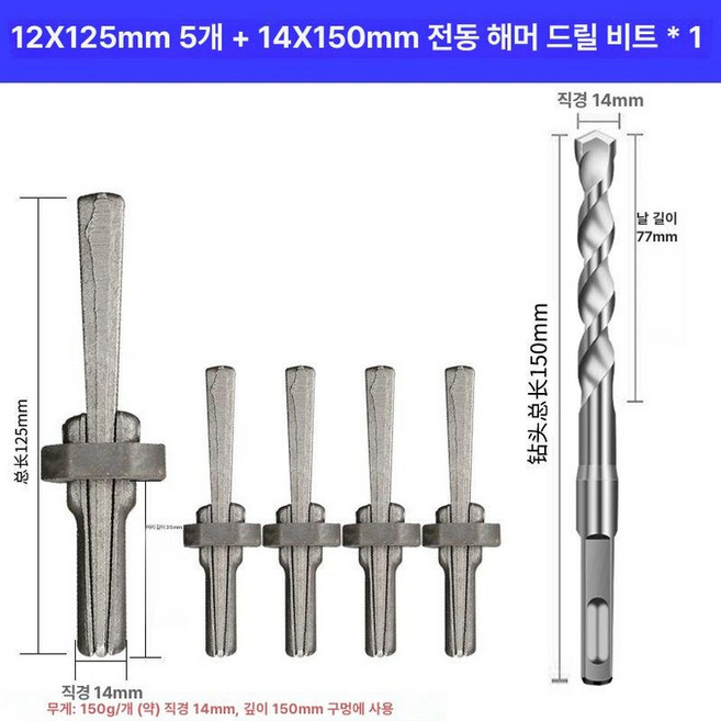 돌쪼개는도구 바위 돌깨는 쪼개기 쐐기 볼트 스톤 못 12X125mm5구+14X150mm 사각핸들드릴*1 1개, 12x125mm 5개+14x150mm