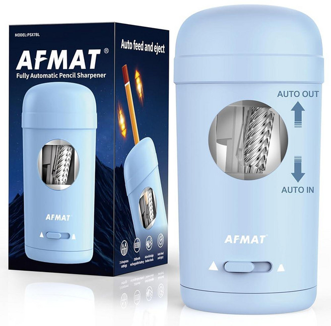 AFMAT 매트 전동 연필깎이 7-8mm 연필 및 색연필용 완전 자동 입력 출력 교실/가정/사무실용 충전식 수직 핸즈프리 연필깎이 PSX7(베이지) 125451, 블루