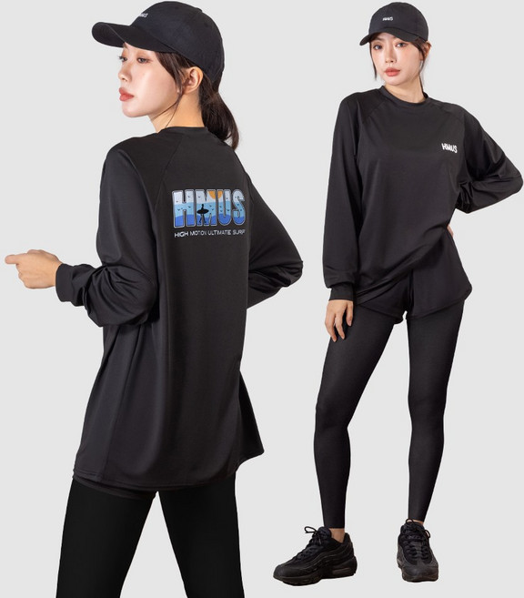 여자 루즈핏 래쉬가드 상의 + 반바지 레깅스 하의 수영복 비치웨어 세트