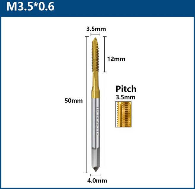 HSS 티타늄 코팅 나사 탭 드릴 비트 M2 5 M3 M4 M5 M6 M8 M10 M12 미터법 스트레이트 플루트 수공구, M3 5x0 6
