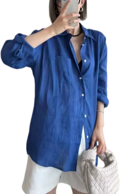 Makone 여성 린넨 긴팔 블라우스 클래식 얇은 루즈핏 빈티지 면마 심플 솔리드 셔츠