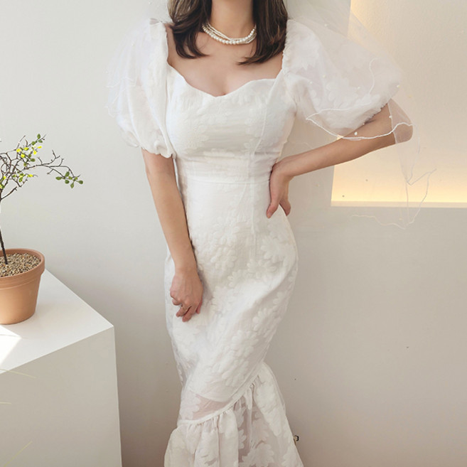 비니케이즈 퍼프 스퀘어 오프숄더 언발 머메이드 맥시롱 웨딩 드레스 원피스 셀프웨딩 웨딩스냅 연말룩