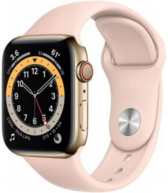 애플 워치 시리즈 6 GPS 셀룰러 44mm 골드 스테인리스 스틸 케이스와 핑크 스포츠 밴드 리뉴얼