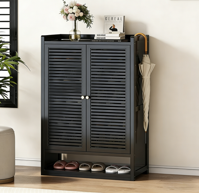 클래식 루버 도어 신발장 현관 인테리어 포인트 대용량 수납장, 7단, 블랙 2도어