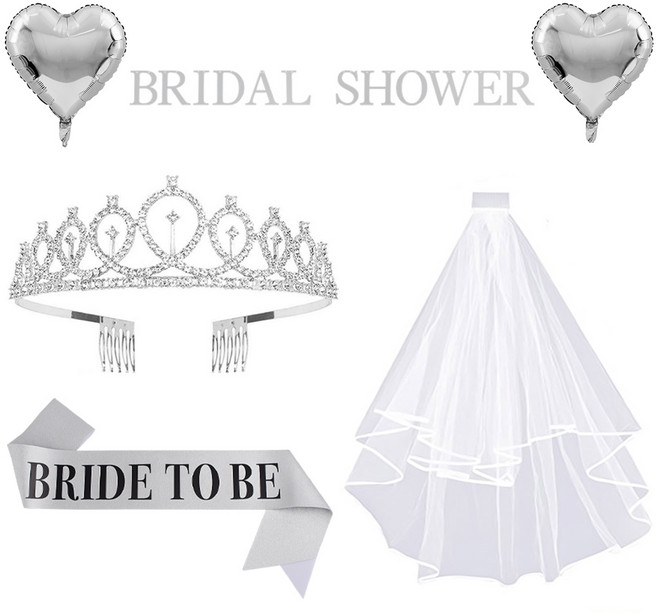 투데이리빙 5종 셀프 웨딩 브라이덜샤워 왕관 세트 신부 면사포 은색 하트 풍선 공주 홈파티 반짝반짝 어깨띠 레터링 가랜드 화이트 베일 파티 소품, 1세트, 실버