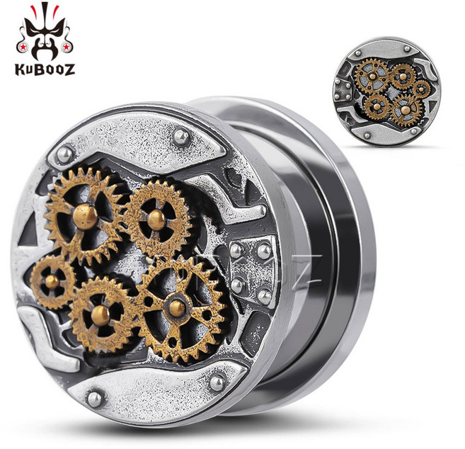 바디 쥬얼리 플러그 터널 스트레쳐 스테인레스 기계 스틸 귀걸이 펑크 피어싱 2PCS 기어 KUBOOZ, Style, 6mm