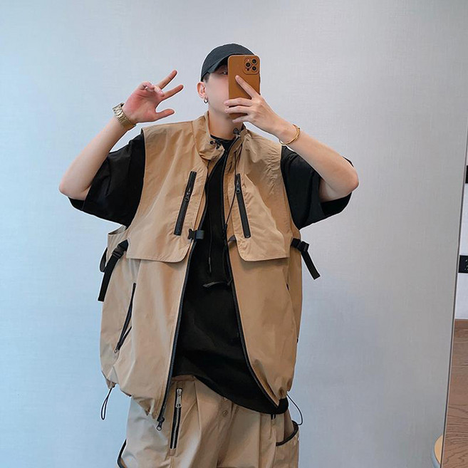 150kg까지 빅사이즈 남성 민소매 베스트 조끼 봄 여름 데일리 심플 지퍼 카고 바람막이 등산복 아우터 자켓