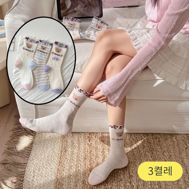 스위트나나 여성 귀여운 곰돌이 시리즈 무늬 여름 패션양말 3종 세트