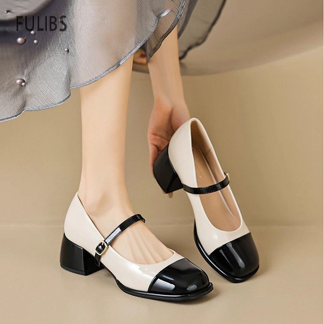 FULIBS 배색 메리제인 미들힐 펌프스 구두 빅사이즈 여성 로퍼 265-220