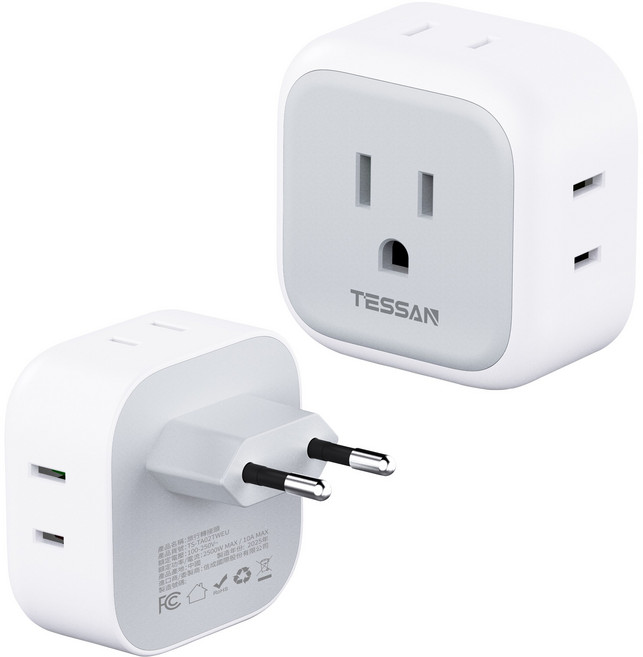 TESSAN 歐規旅行轉接頭 4合1充電, 1個, 白色, 5cm