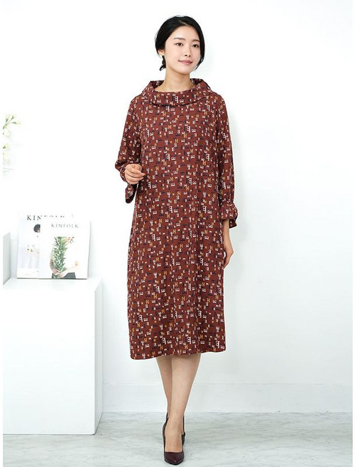 모슬린 엄마옷 보트넥 나염 원피스 MQG126177 마담 미시 중년여성 빅사이즈 할머니옷 50대 60대 70대