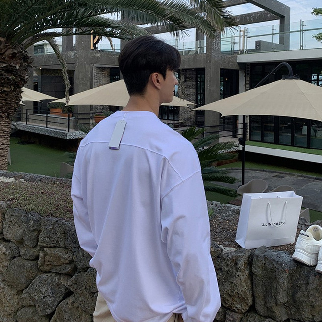 [로컬배송 통관면제] [2026년 봄] [미니멀 베이직] [텐셀코튼 오버핏] [라운드넥 긴팔 티셔츠] [남성용 심플 데일리 롱슬리브]