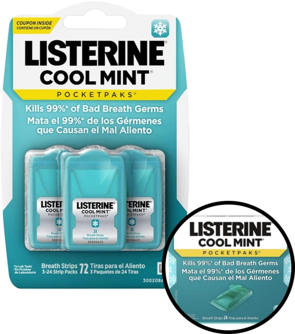 [미지의찬장]리스테린 포켓팩_쿨민트 후레쉬 버스트 휴대용 필름 브레스 스트립 구강 청결제 구취 제거제 3팩 입냄새 제거제 먹는 가글 필름형, 72L, 1개 - 쿠팡