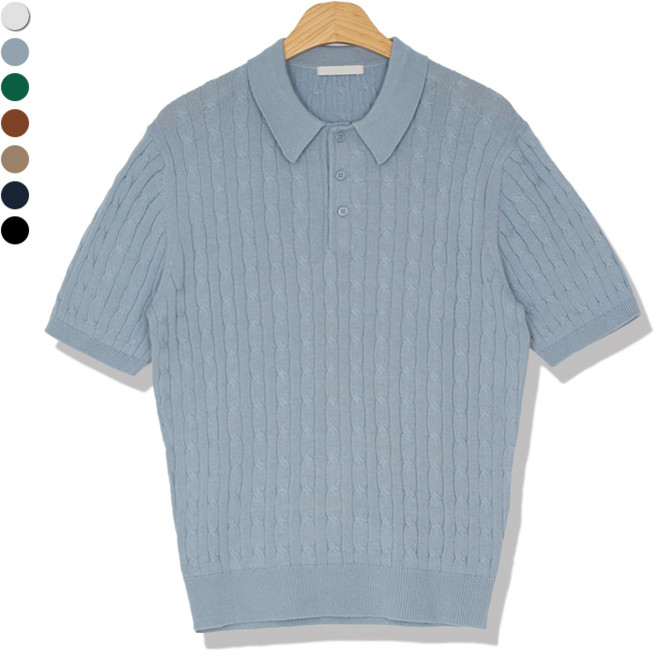 오마보이 남성용 썸머 꽈배기 카라넥 반팔니트