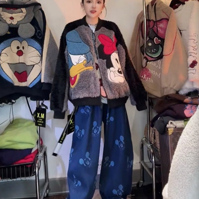 여성용 뽀글이 미키미니마우스 루즈오버핏 점퍼 캐주얼 재킷