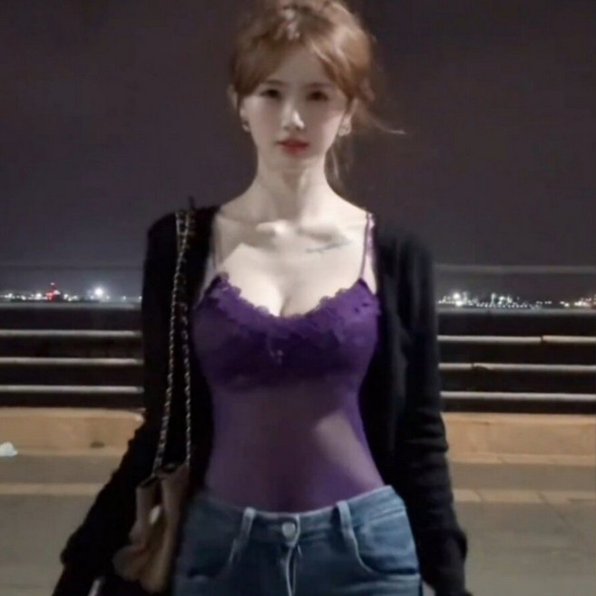 紫色V領網紗蕾絲吊帶背心女夏季修身內搭上衣