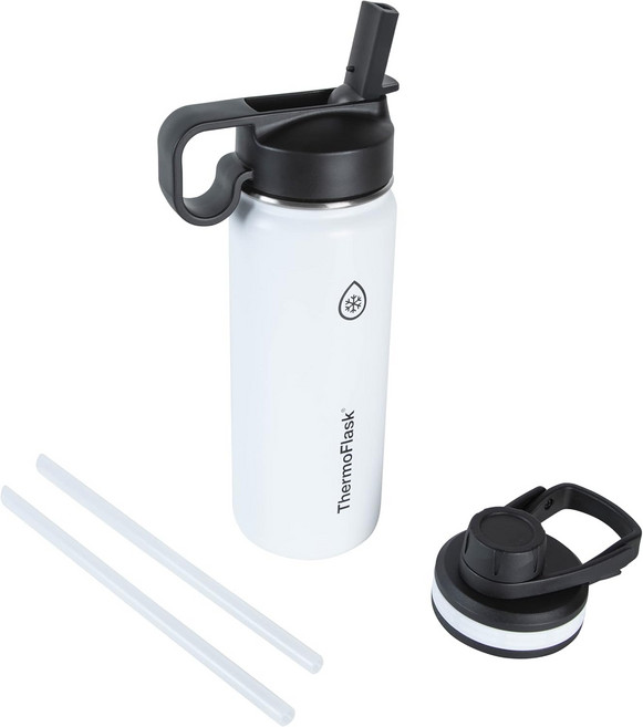 ThermoFlask 18온스 이중 벽 진공 단열 스테인리스 스틸 물병 - 누수 방지 처그 및 빨대 뚜껑과 함께 재사용 가능 음료를 24시간뜨거운 12시간 동안 차갑게 유지 간편한