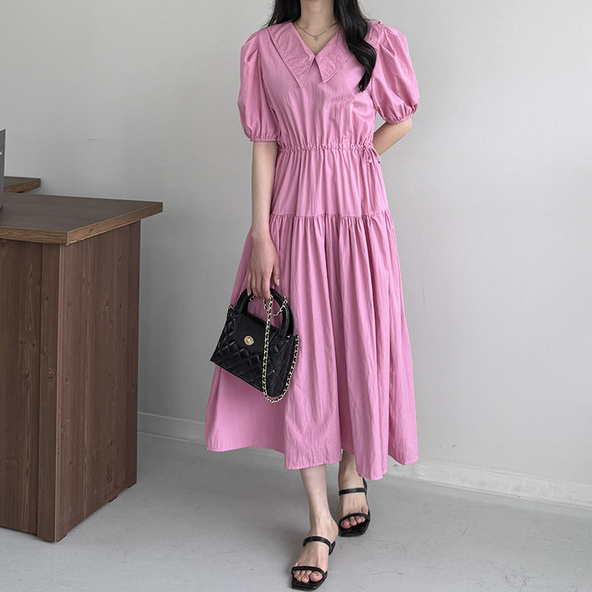 행복여 오엔 카라 벌룬 퍼프 소매 허리 스트링 플레어 원피스