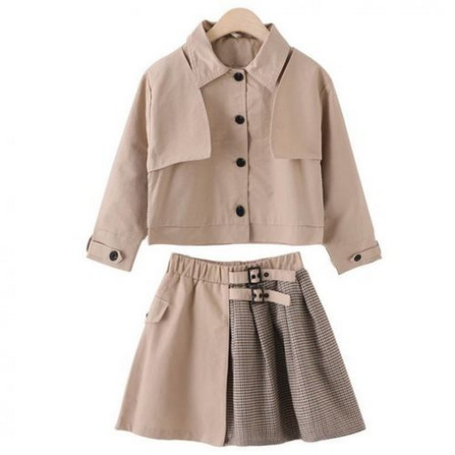 빠빠야네 키즈 주니어 여아 트렌치 베이지자켓 캐주얼 치마정장세트 봄가을