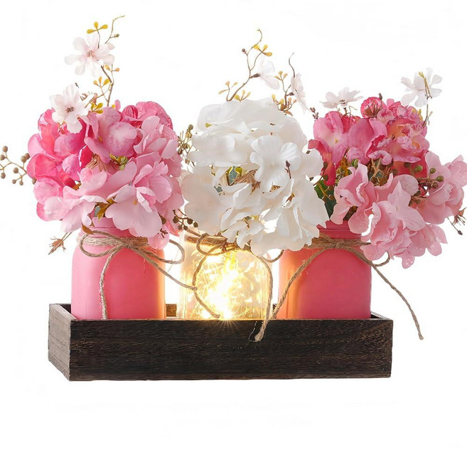 Mason Jar Lights Centerpiece Table Decor for Dining Room – Farmhouse Wood Tray with 3 Jars Pink a, Mason Jar Lights Centerpiece T