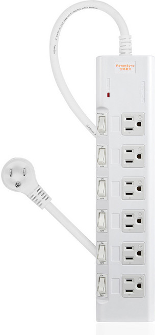 PowerSync 群加 台灣製造 6開6插 高耐燃尿素防火防雷擊 電源延長線 磁鐵固定 4.5米, 白, 1個, 4.5m