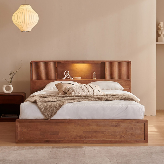 잉글랜더 칸톤 원목 LED 수납 침대(매트제외-QK), 월넛