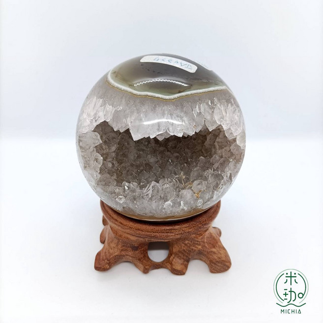 米珈MICHIA 白水晶瑪瑙邊烏拉圭開口笑晶洞原石擺件 (附底座)