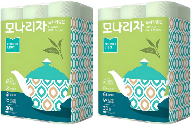 모나리자 녹차가 좋은 천연펄프 3겹 고급롤화장지, 25m, 30롤, 2개