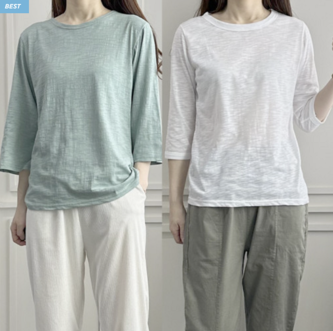 1+1 여성 티셔츠 7부 긴팔 면 데일리 라운드 이너티 레이어드티 빅사이즈 국내산