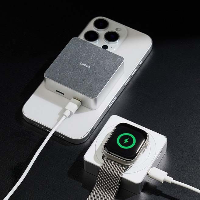 온아워 고속 무선충전 3in1 맥세이프 미니 보조배터리 5000mAh, 실버, OPB-1WG