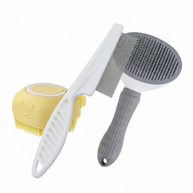 3종 세트 반려동물 샴푸 브러쉬 엉킴 제거 빗 모질 손상 없는 그루밍 세트, 1세트, 옐로우 혼합색상