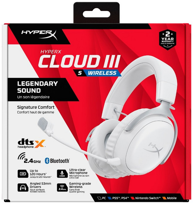 HyperX Cloud III S Wireless 雙模無線電競耳機 2.4G/藍牙連線 DTS空間音效 53mm驅動單體 白色