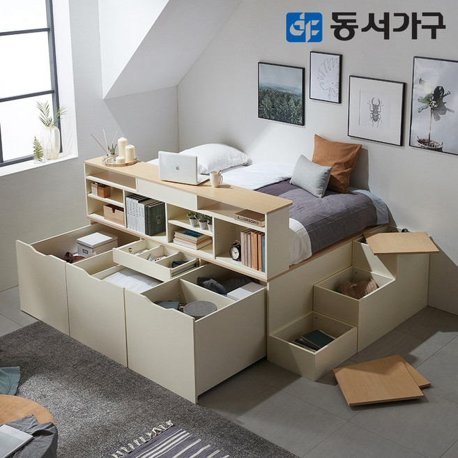 동서가구 몬스터 빅 수납 Q 벙커침대+계단+책장+SS 본넬 매트리스 DF638556, 오크