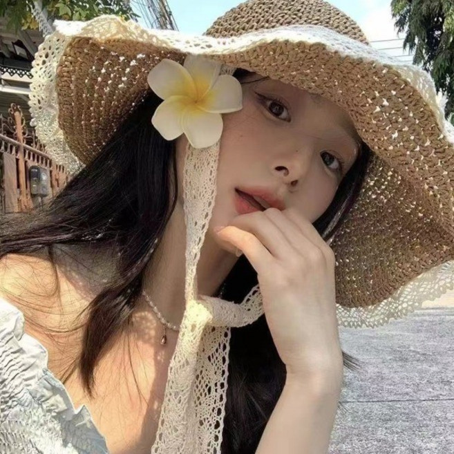 썸머 레이스 밀짚 모자 버킷햇 해변 휴가 휴양지 코디 햇빛 차단AF