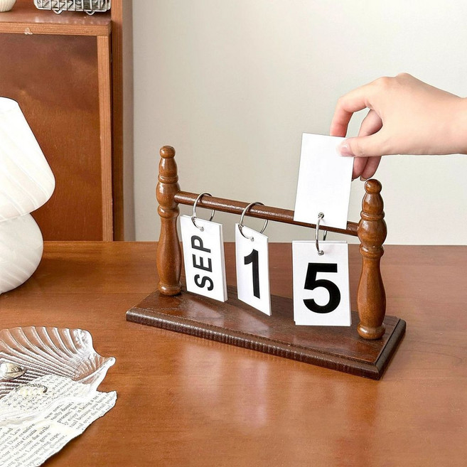 中古風木質檯曆 桌面翻頁萬年曆 家用臥室裝飾擺件, 1個, 中古風檯曆紙一套