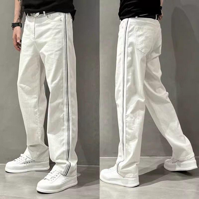 男款條紋拼接寬鬆直筒休閒牛仔褲