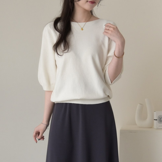 데일리앤 쥬엘 여성 퍼프 5부 반팔 7부 보트넥 입술넥 가을 루즈핏 니트 티셔츠 기본 무지 간절기 데일리 이너 니트티