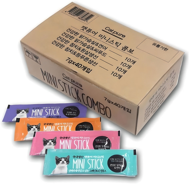 캣퓨어 미니스틱 콤보 고양이 간식 4종 스틱, 닭가슴살 + 연어 혼합맛, 닭가슴살 + 씨푸드 혼합맛 ,참치 + 흰살생선 혼합맛, 참치 + 등푸른생선 혼합맛, 280g, 1개