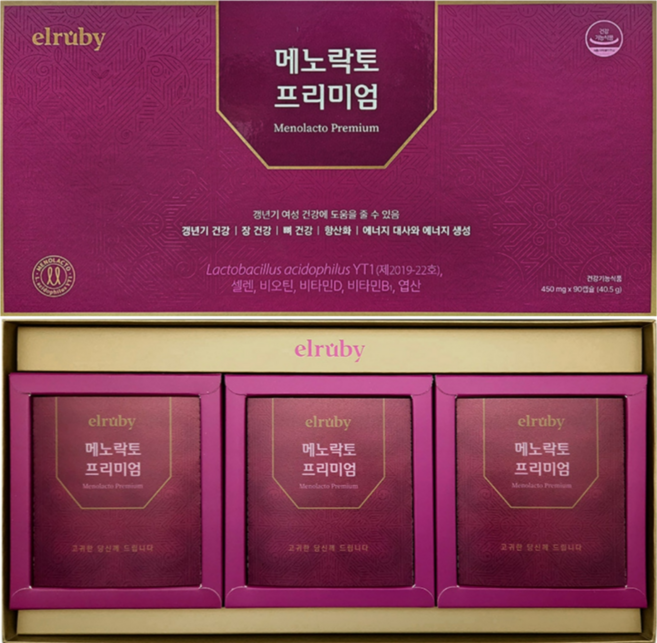elruby 엘루비 갱년기 유산균 메노락토 프리미엄 박미선 휴온스 6개월 180캡슐 매노락토 셀레늄 항산화 장 건강 비오틴 비타민 D B1 엽산 중년 장년 엄마 아내 와이프 선물, 90정, 2개